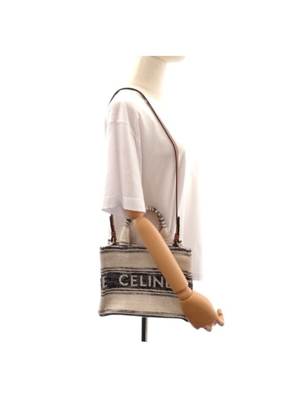 Celine Small Cabas Thais Jacquard Shoulder Bag Tote Cotton Calfskin White Navy - Picture 14 of 14